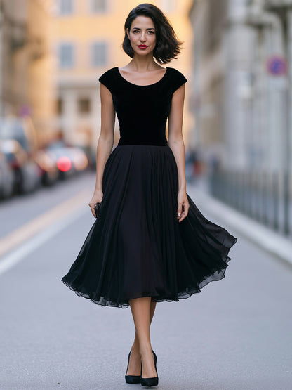 Velvet Bodice Flowing A-Line Midi Dress