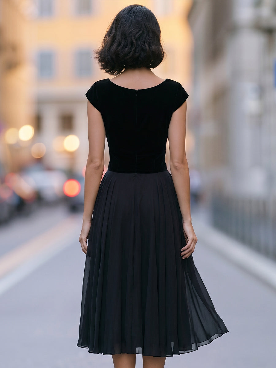 Velvet Bodice Flowing A-Line Midi Dress
