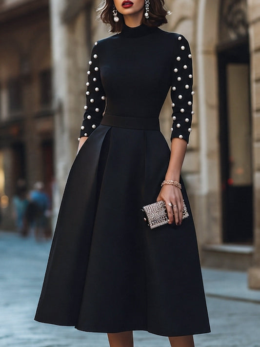 Pearl Embellished Sleeve Mock Neck Midi Dress