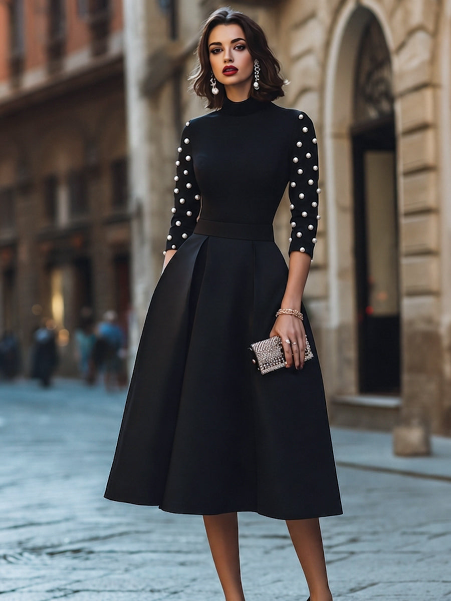 Pearl Embellished Sleeve Mock Neck Midi Dress