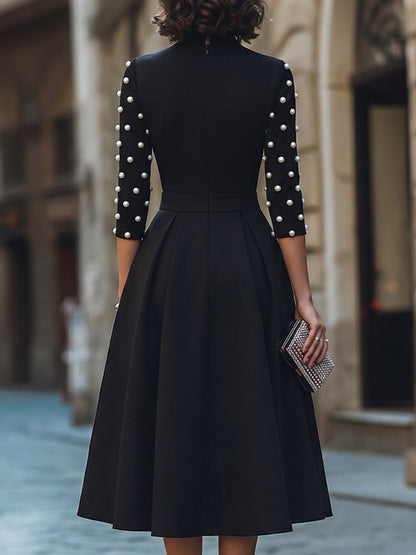 Pearl Embellished Sleeve Mock Neck Midi Dress