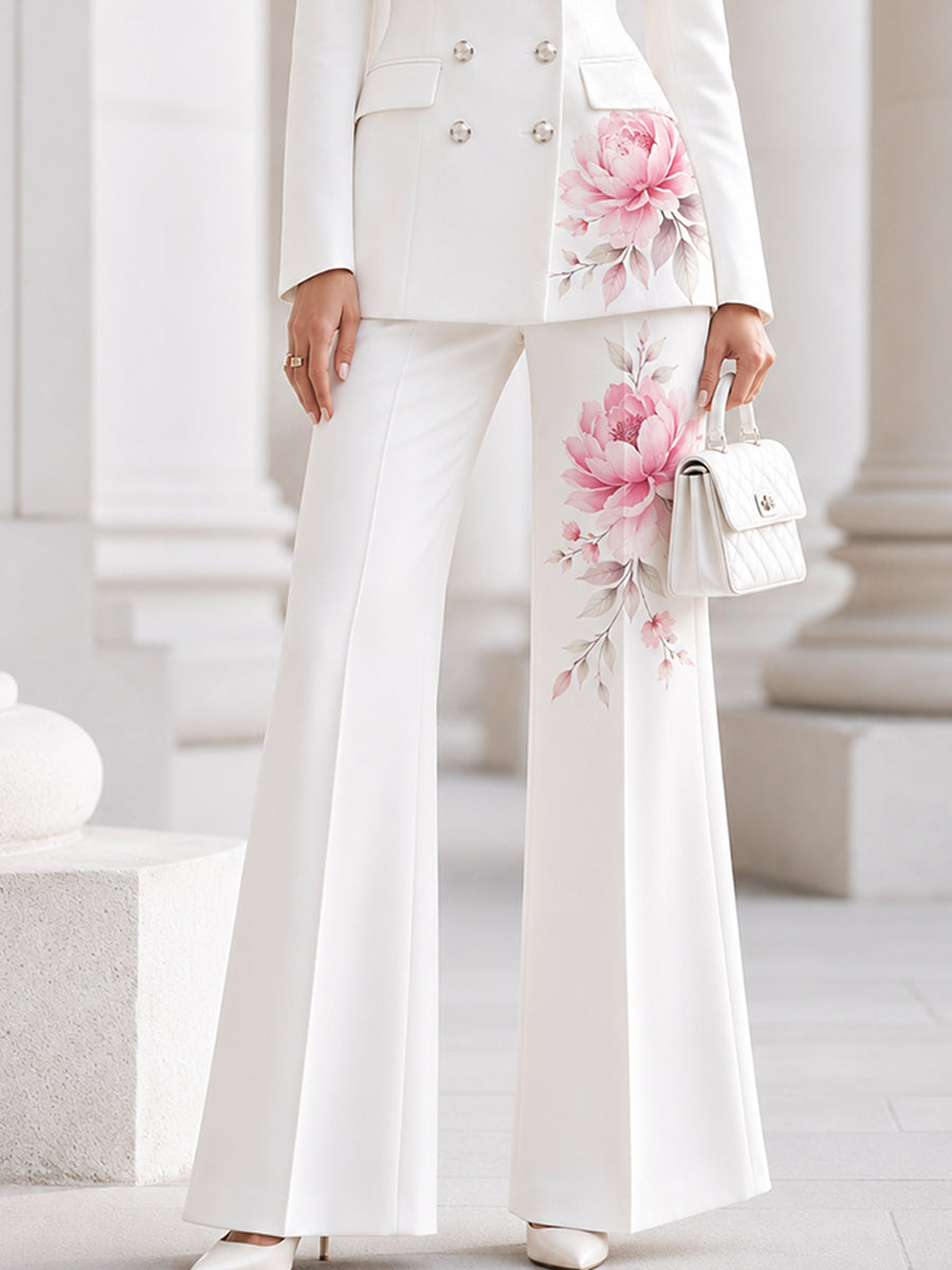 Watercolour Pink Peony Print Double-Breasted Blazer & Flared Trousers Suit