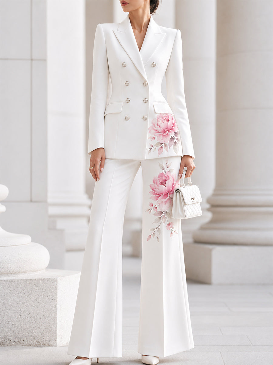 Watercolour Pink Peony Print Double-Breasted Blazer & Flared Trousers Suit
