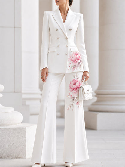 Watercolour Pink Peony Print Double-Breasted Blazer & Flared Trousers Suit
