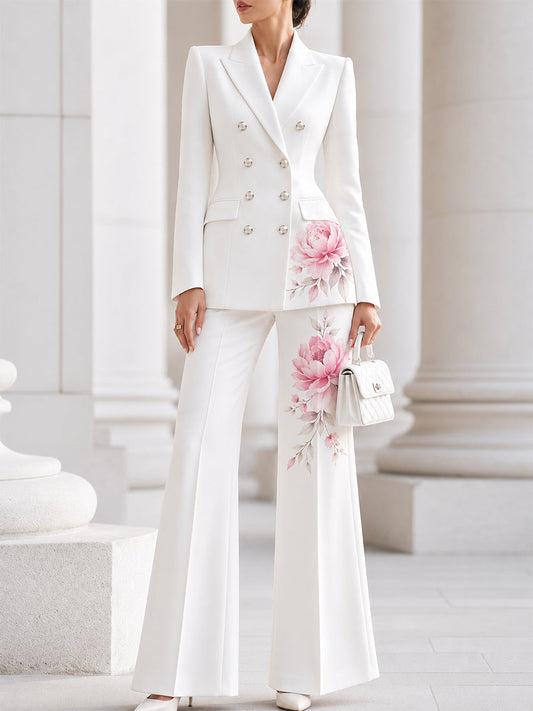 Watercolour Pink Peony Print Double-Breasted Blazer & Flared Trousers Suit