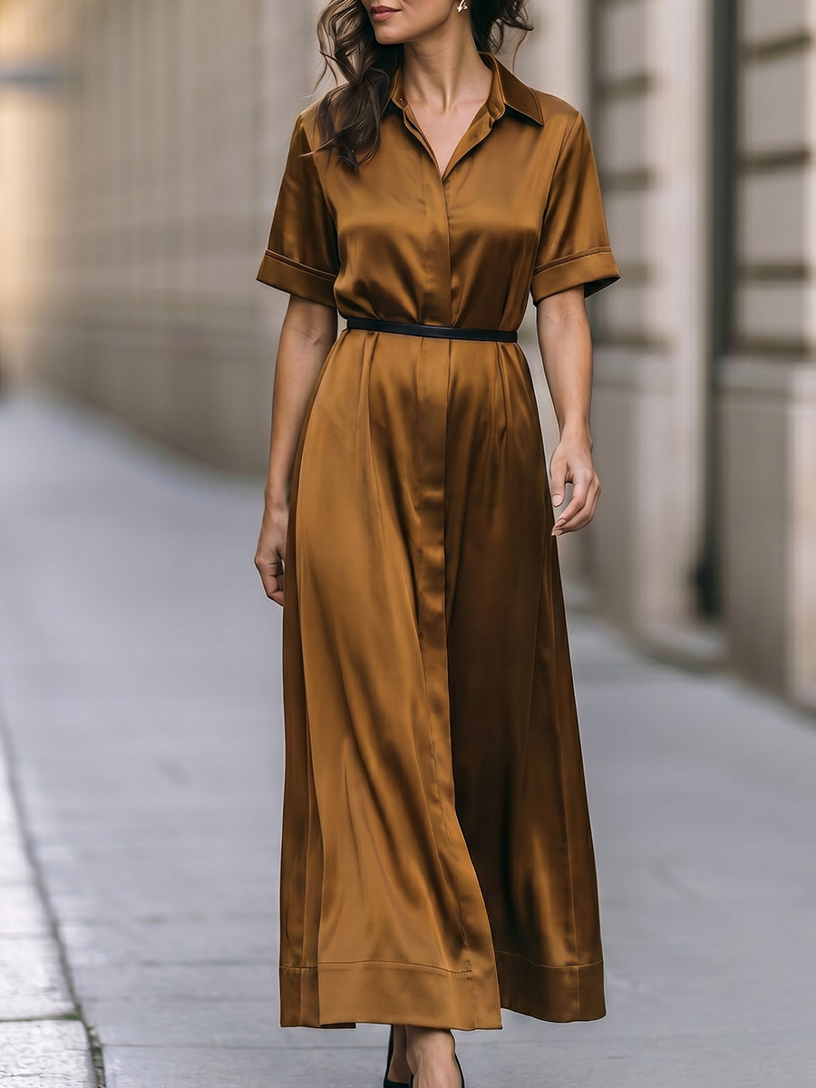 Minimalist Satin Shirt Maxi Dress with Belted Waist