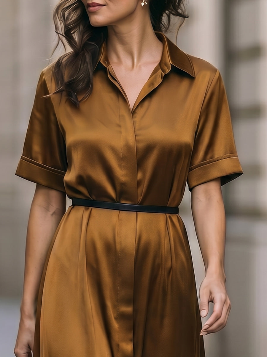 Minimalist Satin Shirt Maxi Dress with Belted Waist