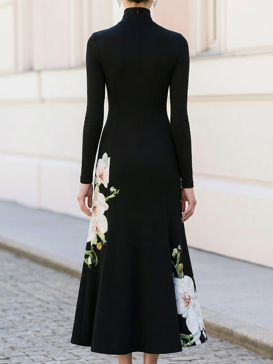 High Neck Long Sleeve Watercolour Orchid Print Flared Knit Dress