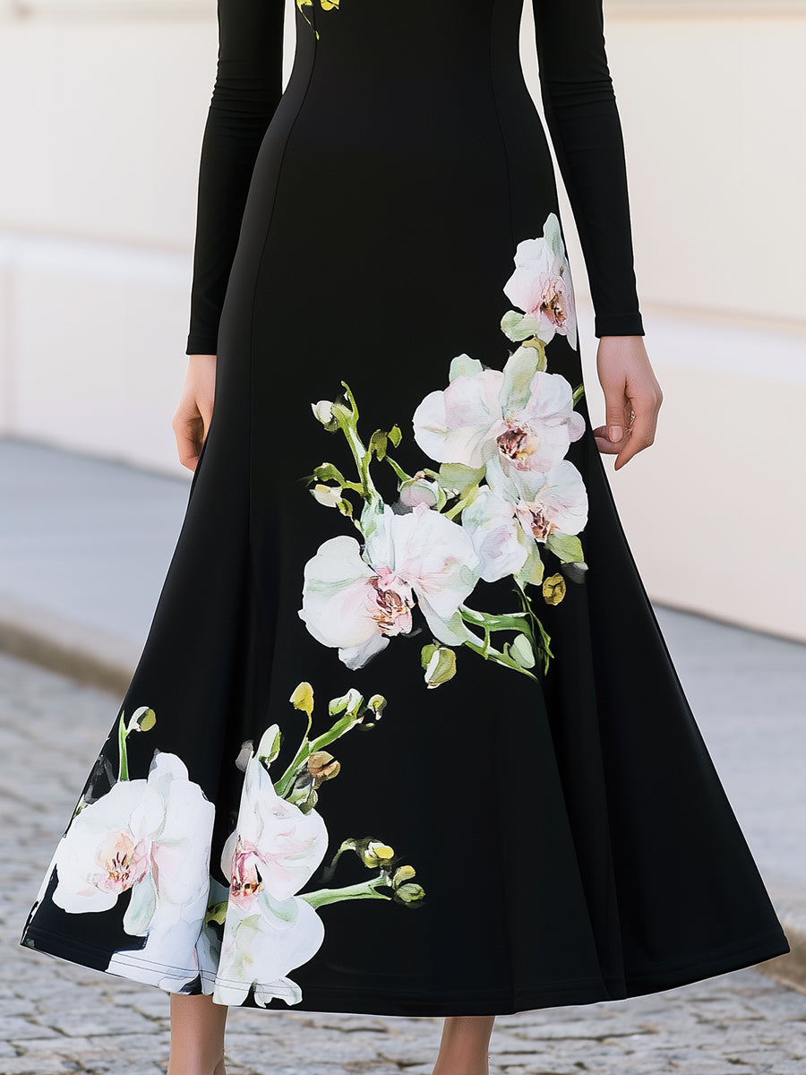 High Neck Long Sleeve Watercolour Orchid Print Flared Knit Dress