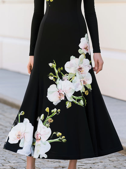 High Neck Long Sleeve Watercolour Orchid Print Flared Knit Dress