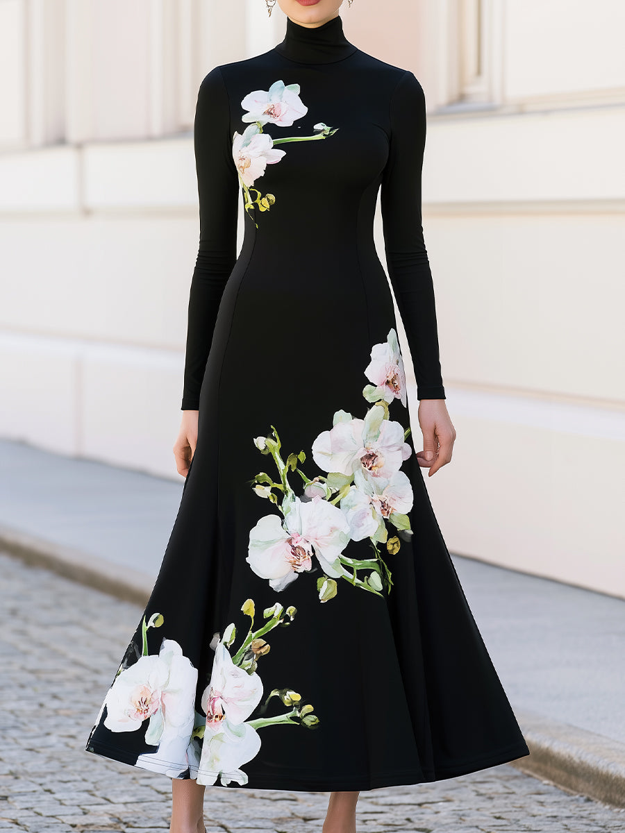 High Neck Long Sleeve Watercolour Orchid Print Flared Knit Dress