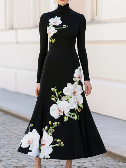 High Neck Long Sleeve Watercolour Orchid Print Flared Knit Dress