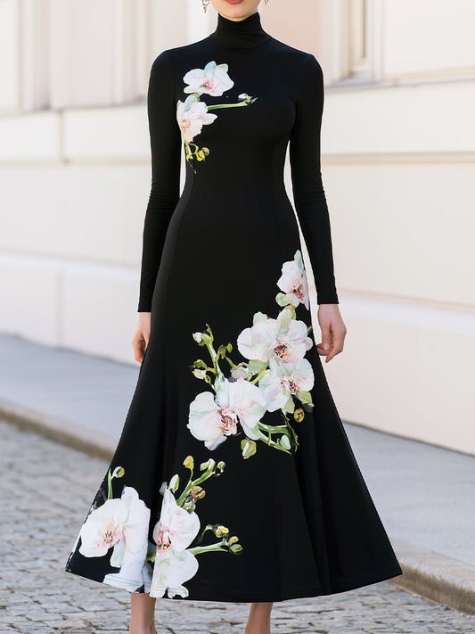 High Neck Long Sleeve Watercolour Orchid Print Flared Knit Dress