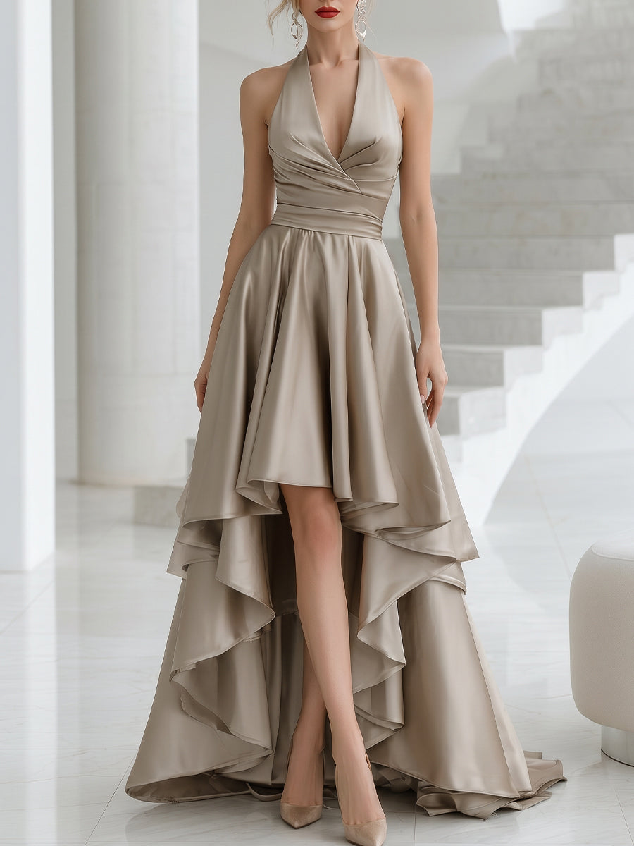 Halter Wrap Satin Layered High-Low Evening Gown