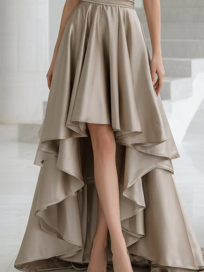 Halter Wrap Satin Layered High-Low Evening Gown