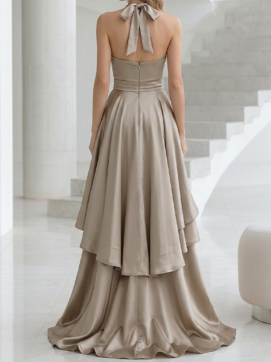 Halter Wrap Satin Layered High-Low Evening Gown