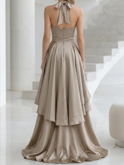 Halter Wrap Satin Layered High-Low Evening Gown