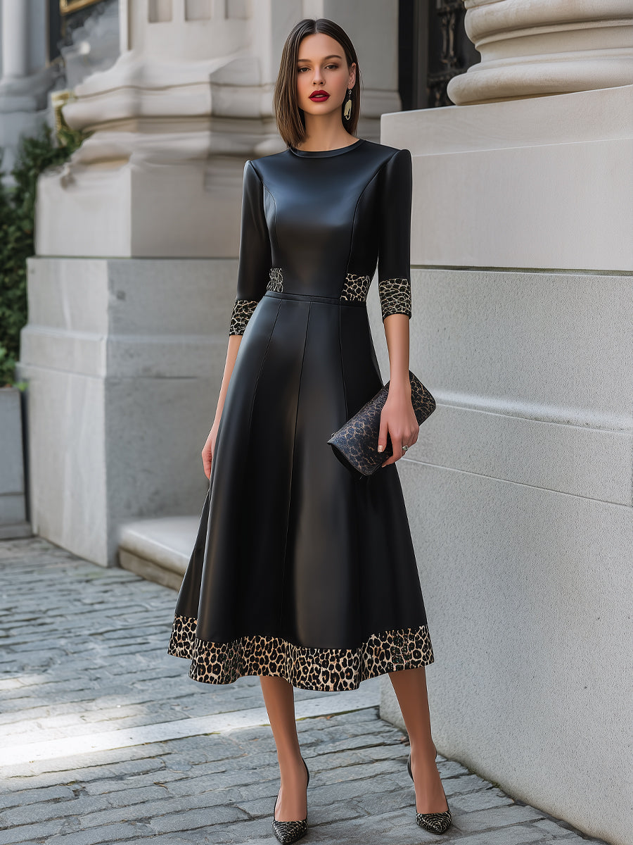 Faux Leather Midi Dress with Contrast Leopard Trim