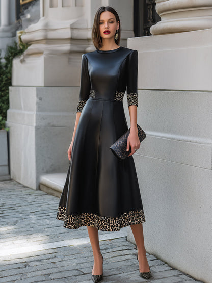Faux Leather Midi Dress with Contrast Leopard Trim