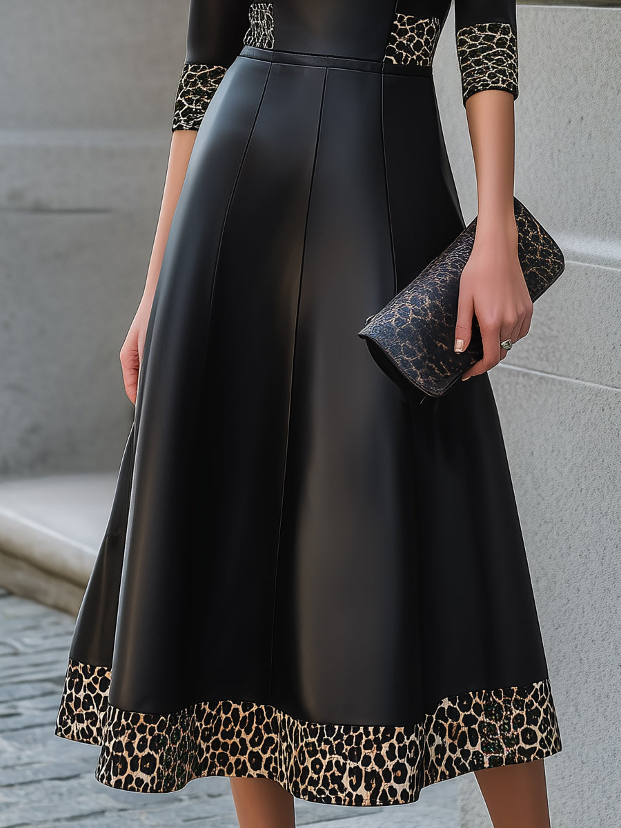 Faux Leather Midi Dress with Contrast Leopard Trim