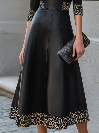 Faux Leather Midi Dress with Contrast Leopard Trim