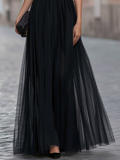 Flutter Sleeve Pleated A-Line Maxi Dress