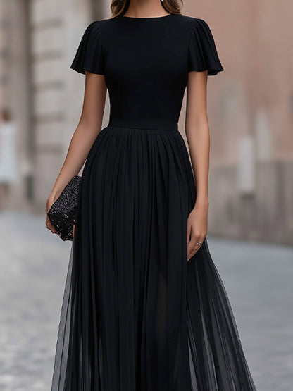 Flutter Sleeve Pleated A-Line Maxi Dress