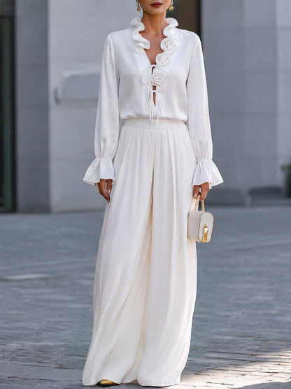 Ruffle Tie-Neck Blouse & Wide-Leg Trousers Two-Piece Set