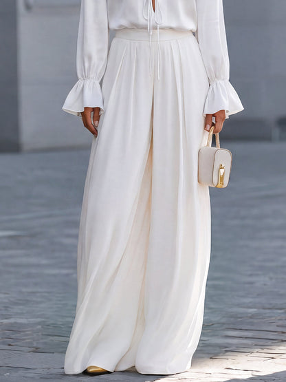 Ruffle Tie-Neck Blouse & Wide-Leg Trousers Two-Piece Set