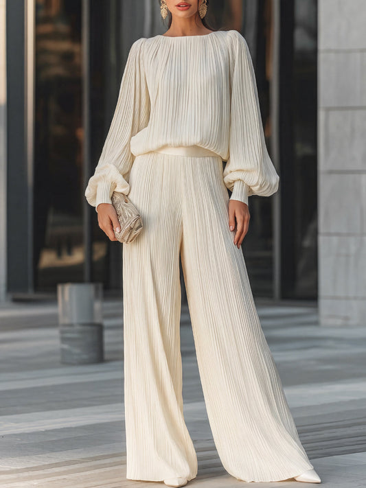 Vertical Pleated Wide-Leg Flowing Two-Piece Set
