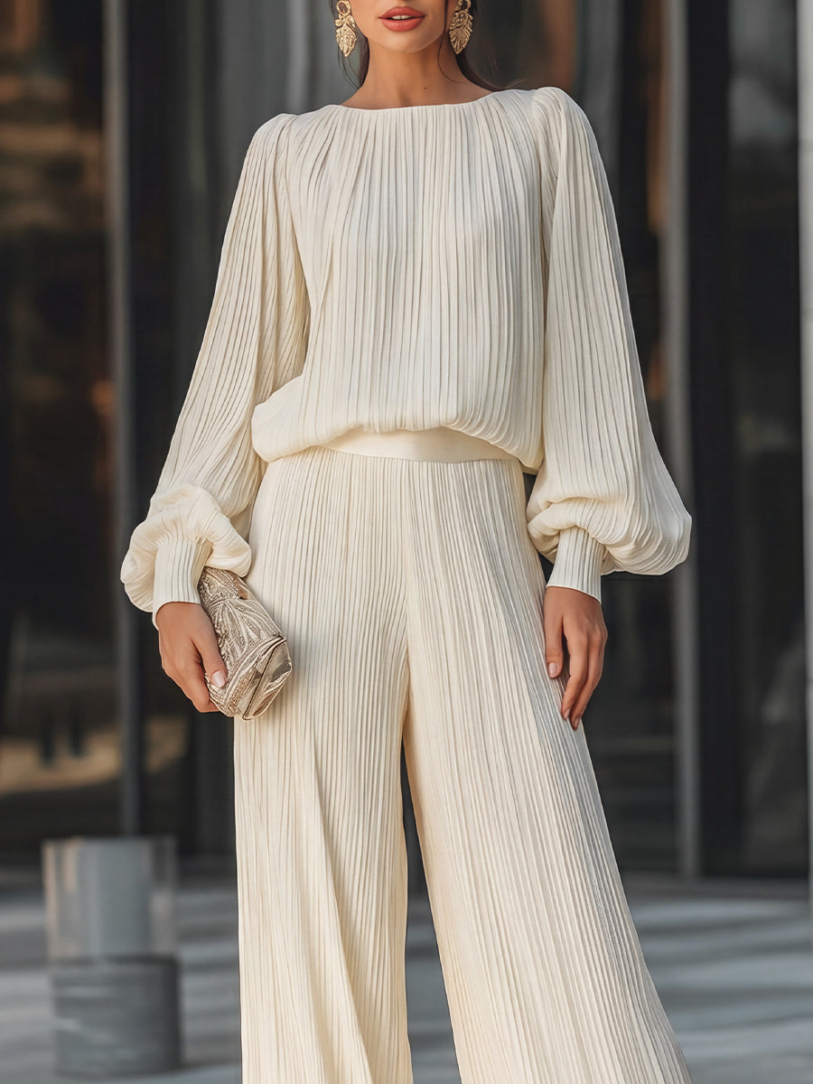 Vertical Pleated Wide-Leg Flowing Two-Piece Set