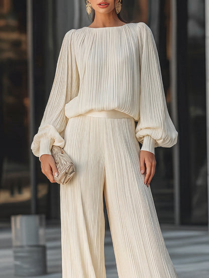 Vertical Pleated Wide-Leg Flowing Two-Piece Set