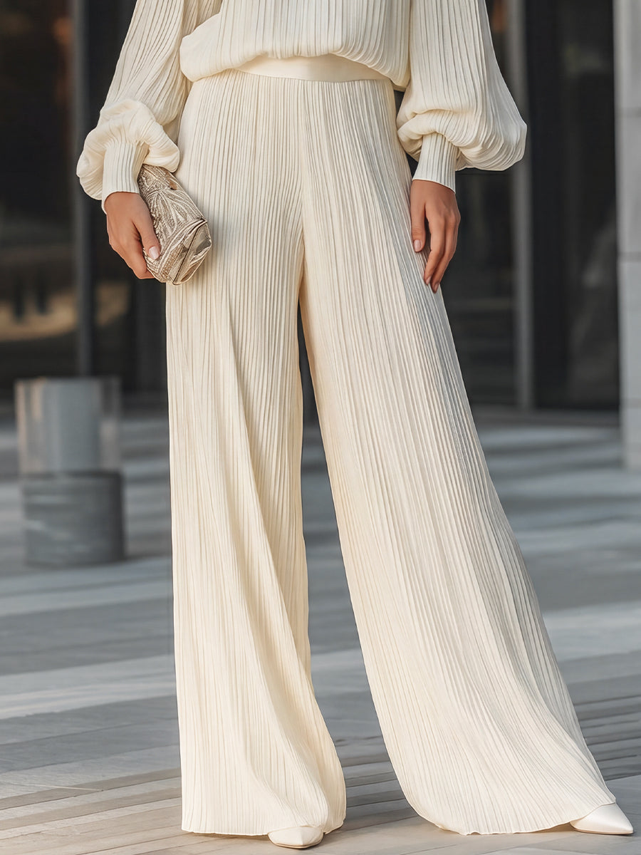 Vertical Pleated Wide-Leg Flowing Two-Piece Set