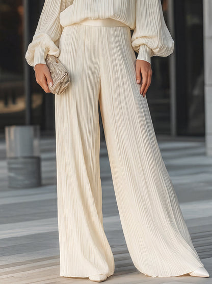 Vertical Pleated Wide-Leg Flowing Two-Piece Set