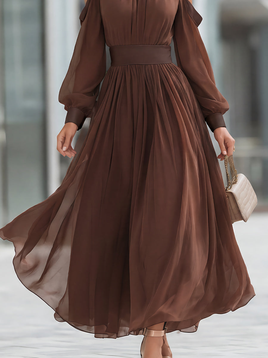 Cold-Shoulder Pleated Chiffon Maxi Dress