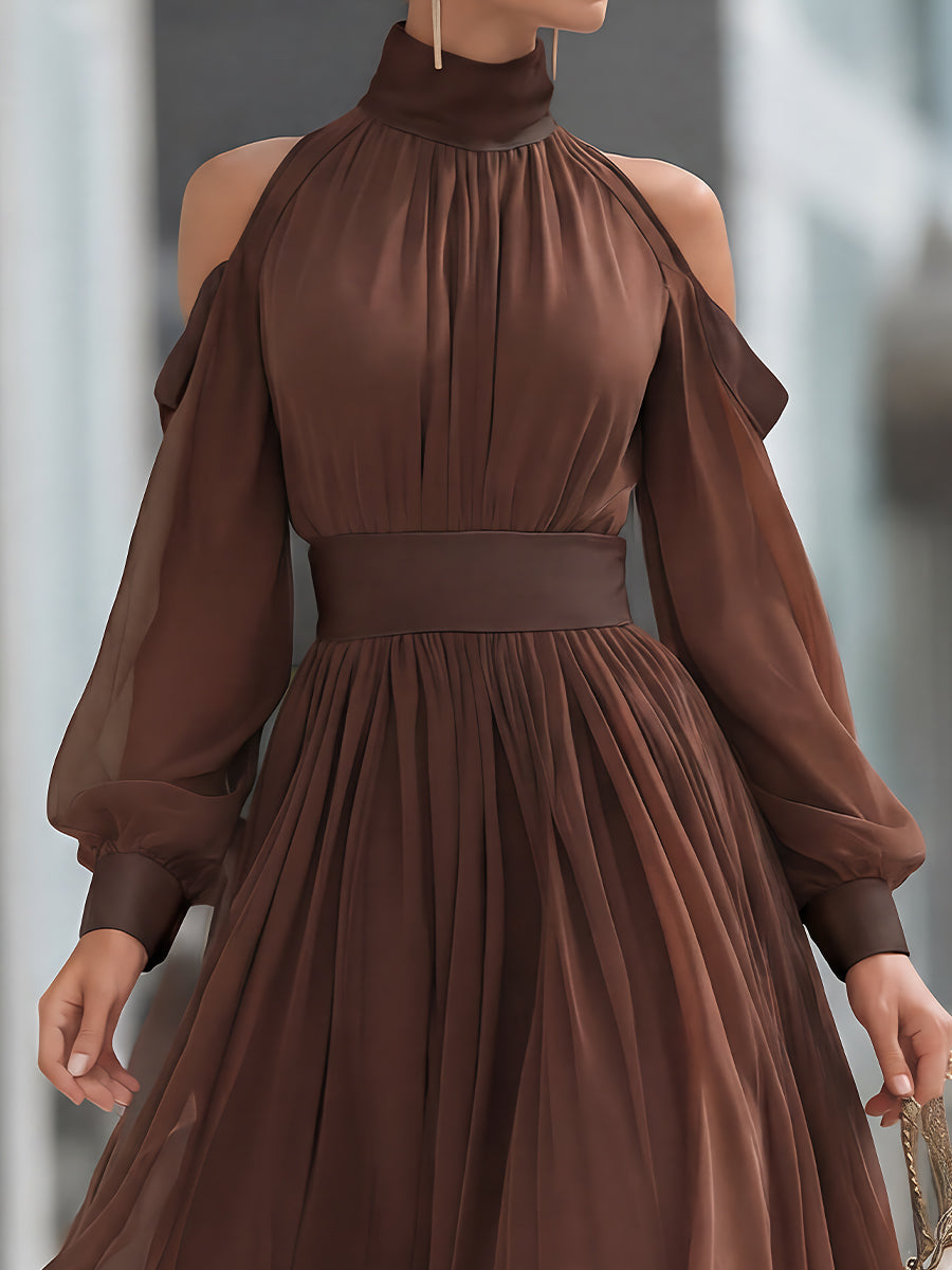 Cold-Shoulder Pleated Chiffon Maxi Dress