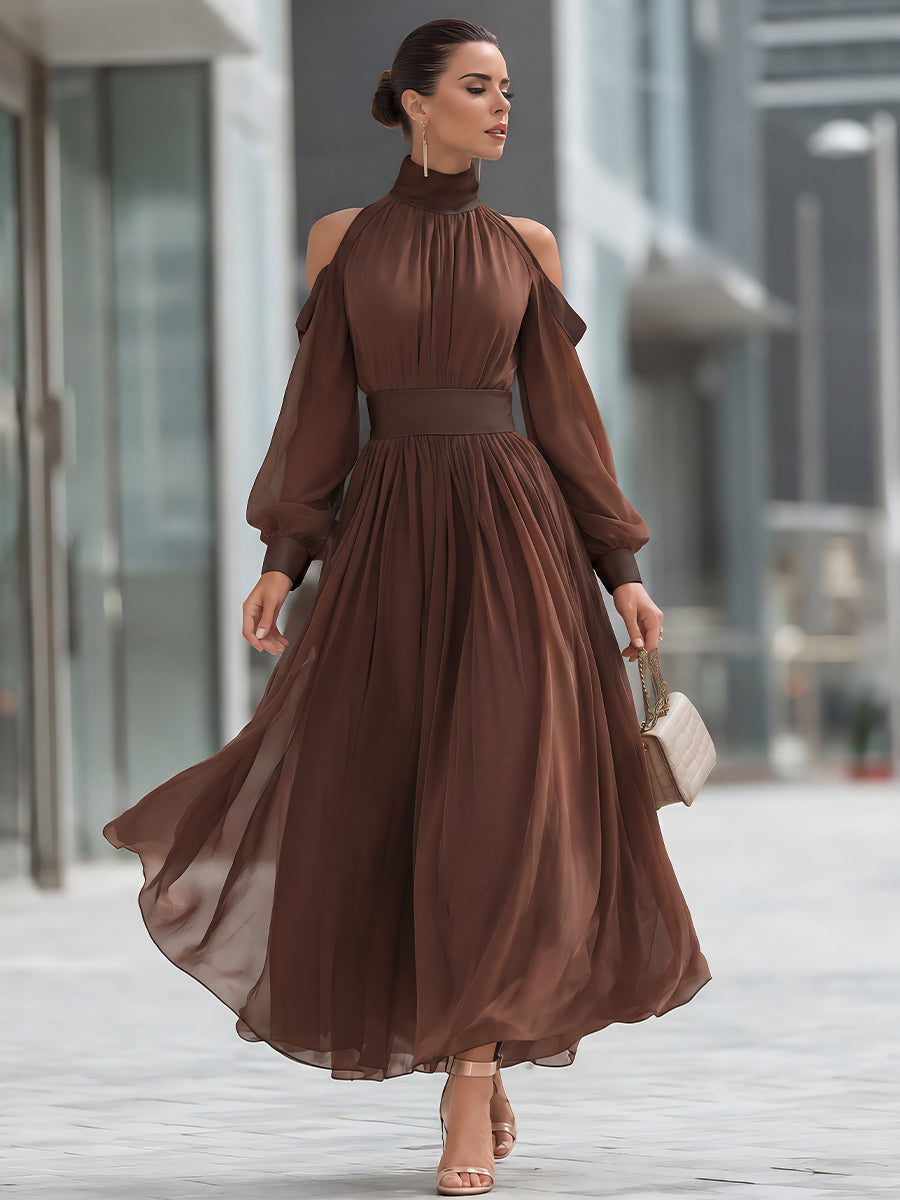 Cold-Shoulder Pleated Chiffon Maxi Dress