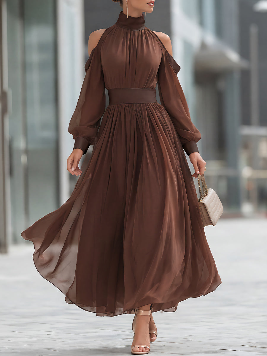 Cold-Shoulder Pleated Chiffon Maxi Dress