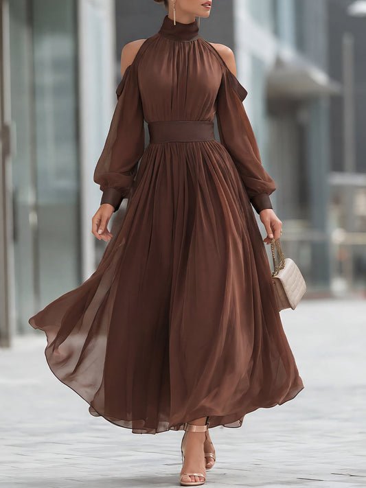 Cold-Shoulder Pleated Chiffon Maxi Dress