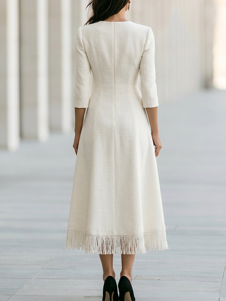 Fringe Hem Pearl Button A-Line Midi Dress
