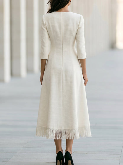 Fringe Hem Pearl Button A-Line Midi Dress