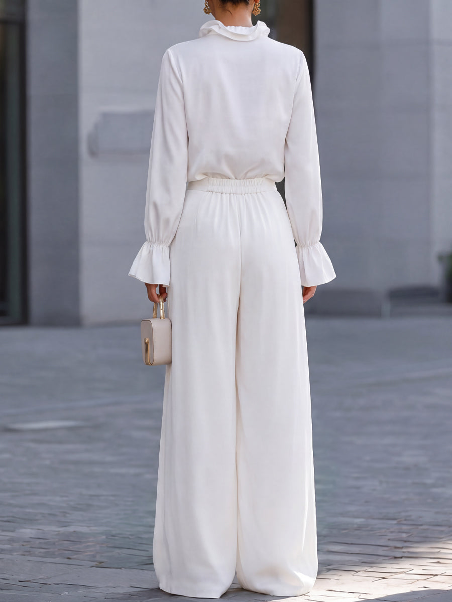Ruffle Tie-Neck Blouse & Wide-Leg Trousers Two-Piece Set