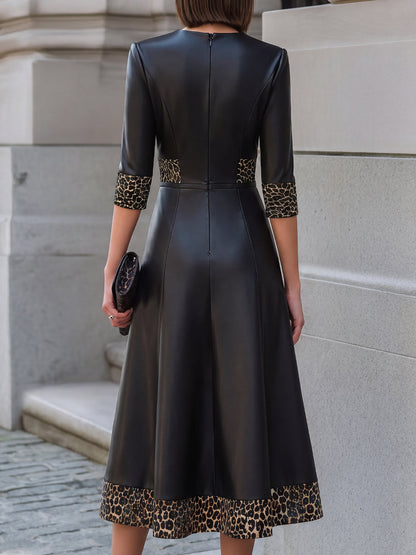 Faux Leather Midi Dress with Contrast Leopard Trim