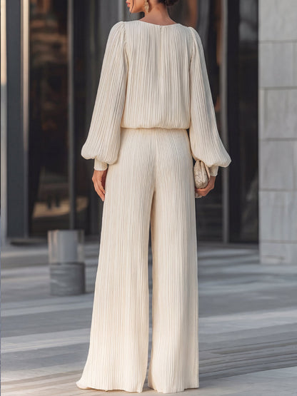 Vertical Pleated Wide-Leg Flowing Two-Piece Set