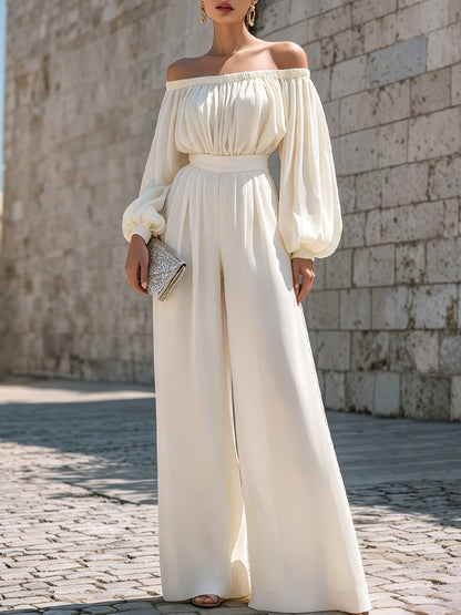 Off-Shoulder Wide-Leg Jumpsuit in Cotton Blend