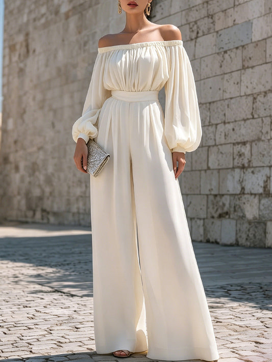 Off-Shoulder Wide-Leg Jumpsuit in Cotton Blend