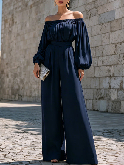 Off-Shoulder Wide-Leg Jumpsuit in Cotton Blend