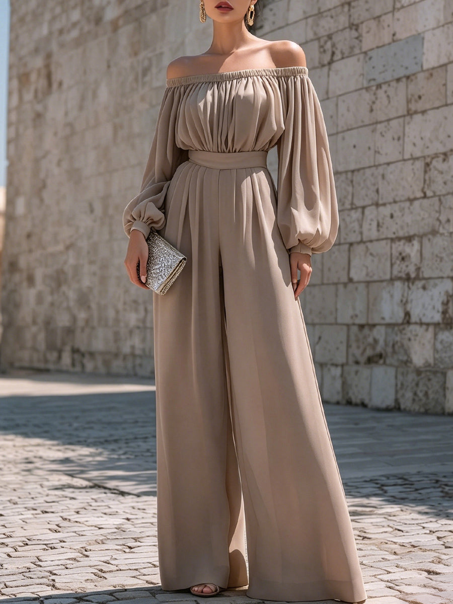 Off-Shoulder Wide-Leg Jumpsuit in Cotton Blend
