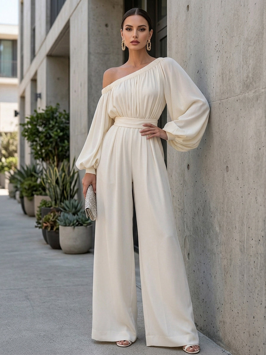Off-Shoulder Wide-Leg Jumpsuit in Cotton Blend