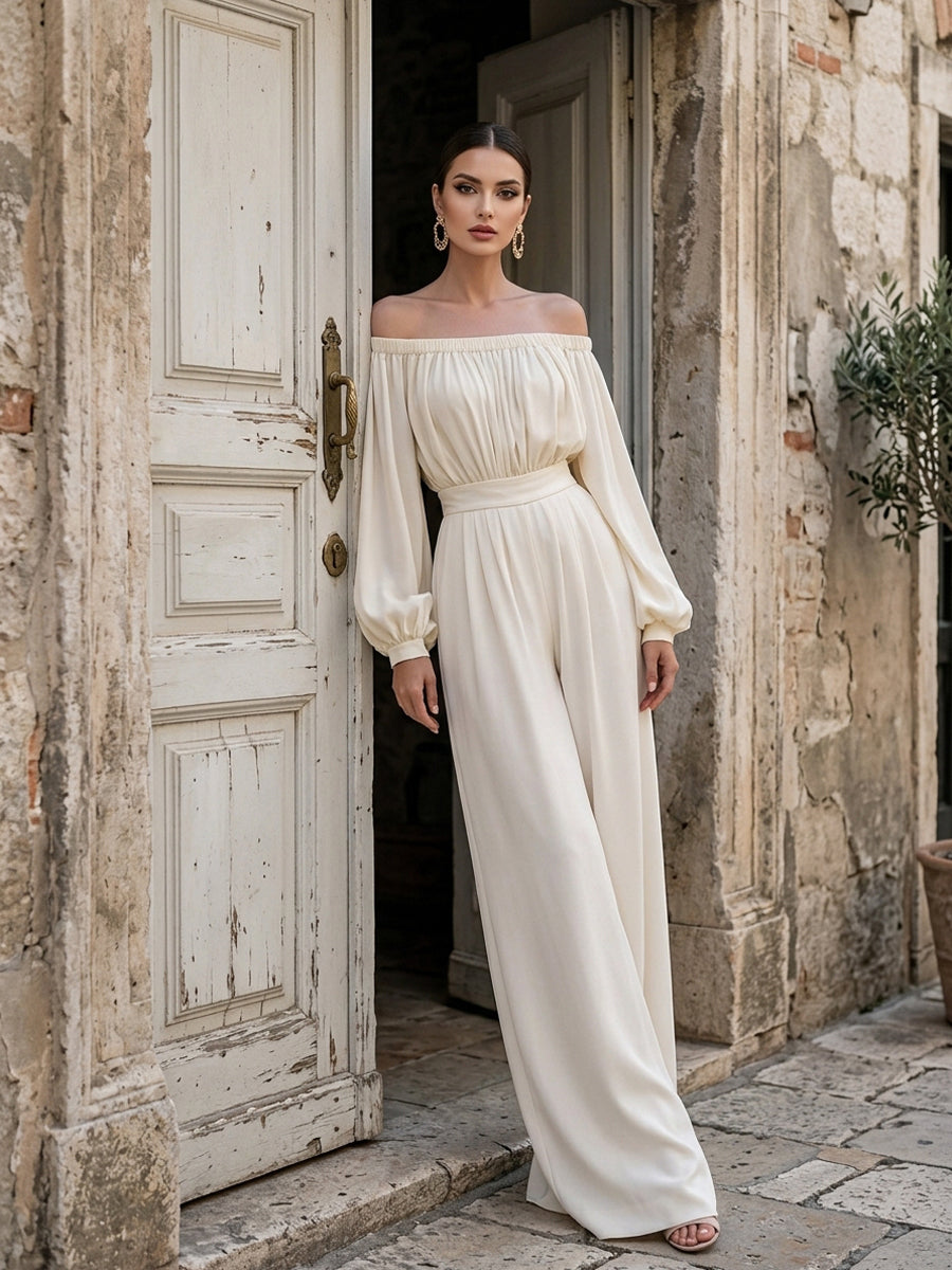 Off-Shoulder Wide-Leg Jumpsuit in Cotton Blend